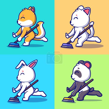 Illustration for Vector cute animal mopping the floor cartoon vector icon illustration. animal icon concept isolated - Royalty Free Image