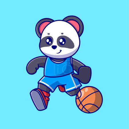 Téléchargez les illustrations : Mignon panda jouant illustration icône de basket. le concept de design plat pour le sport - en licence libre de droit