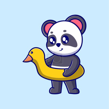 Ilustración de Lindo panda con ilustración de iconos de dibujos animados boya salvavidas. concepto de diseño plano para vacaciones - Imagen libre de derechos