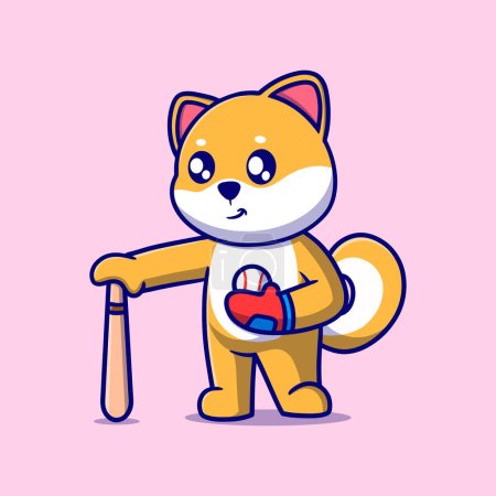 Illustration for Cute Shiba Inu Dog Baseball Cartoon Vector Icon Illustration. Animal Nature Icon Concept Isolated Premium Vector. Flat Cartoon Style - Royalty Free Image