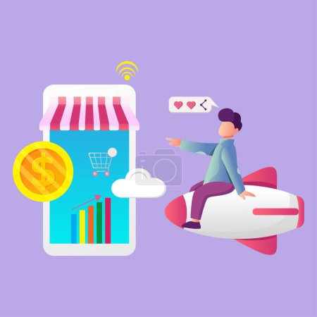 Illustration for Landing page with man carrying supermarket cart, holding smartphone, buying products in internet store and place for text. Enjoy online shopping. Flat vector illustration for mobile app advertisement. - Royalty Free Image