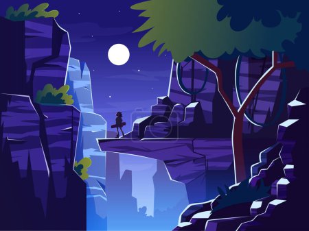 Illustration for Vector mountains at night. nature park vector cartoon landscape with the canyon, rock cliff, - Royalty Free Image