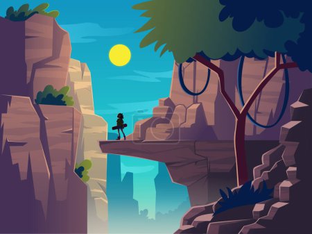 Illustration for Vector landing page with cartoon fantastic landscape of rocky mountains. nature park vector cartoon landscape with the canyon, rock cliff - Royalty Free Image