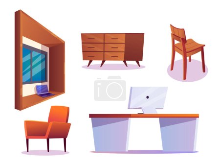 Téléchargez les illustrations : Meubles de salon en style boho vectoriel dessin animé ensemble de salon vintage table intérieure en bois - en licence libre de droit