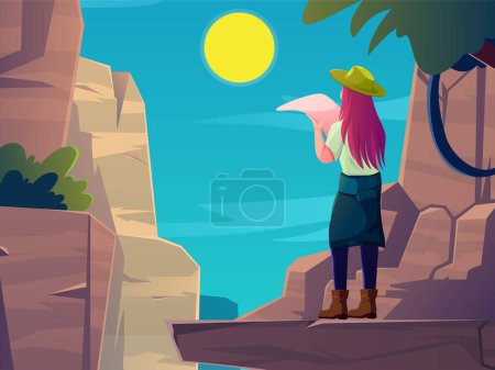 Ilustración de Chica turística aprender mapa en fondo paisaje de montaña. ilustración vector de viaje - Imagen libre de derechos