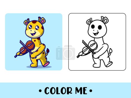 Ilustración de Libro para colorear lindo animal para la educación. jirafa linda con ilustración en blanco y negro violín - Imagen libre de derechos