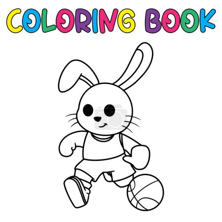 Ilustración de Libro para colorear lindo conejito jugando baloncesto - ilustración vectorial. - Imagen libre de derechos