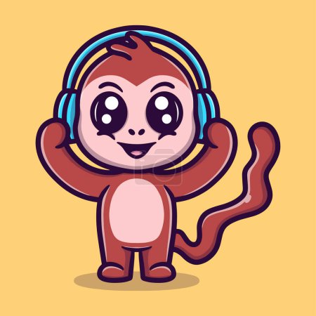 Ilustración de Monos lindos con ilustración de iconos de vectores de dibujos animados de auriculares - Imagen libre de derechos