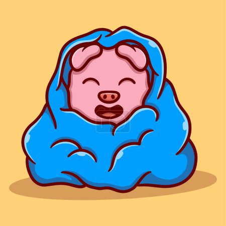 Illustration for Cute pig using a blanket in winter cartoon vector icon illustration - Royalty Free Image