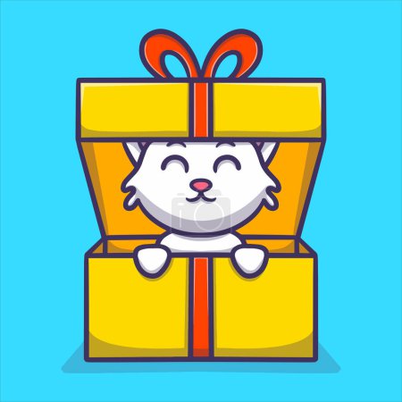 Téléchargez les illustrations : Mignon chat dans une boîte cadeau dessin animé vectoriel icône illustration pour Noël - en licence libre de droit