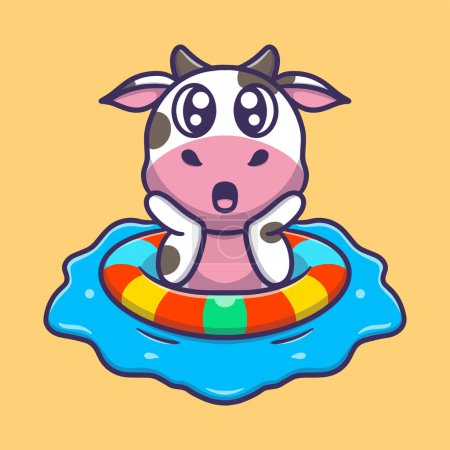 Illustration for Cute cow wearing a life jacket on the beach cartoon vector icon illustration - Royalty Free Image