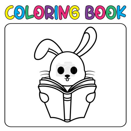 Téléchargez les illustrations : Livre de lecture de lapin mignon vectoriel pour illustration d'icône vectorielle de coloriage pour enfants - en licence libre de droit