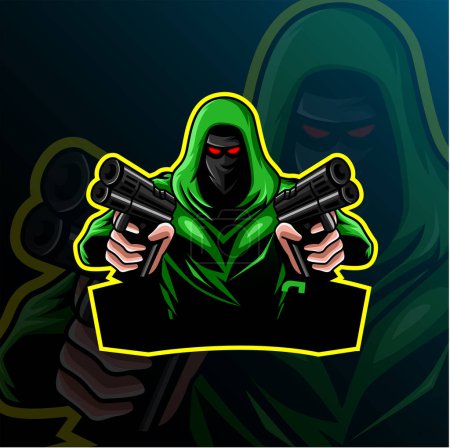 Téléchargez les illustrations : Illustration d'un ninja vert avec un pistolet et un pistolet sur le fond des arbres verts - en licence libre de droit