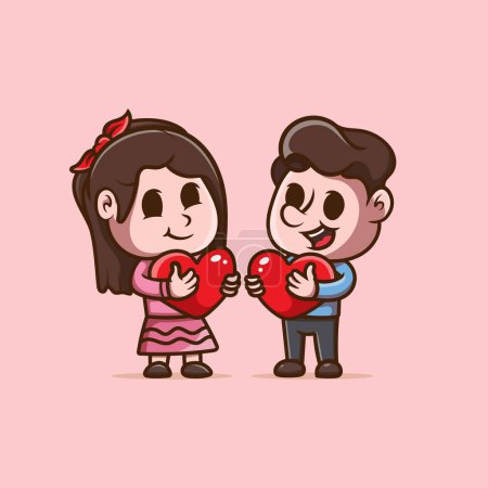 Illustration for Cute girl and boy holding love cartoon icon illustration. Flat design style - Royalty Free Image