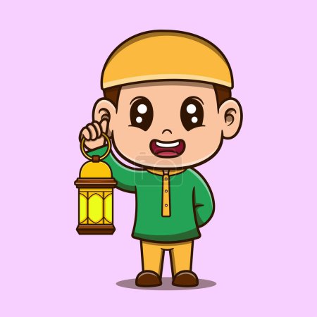 Vector cute boy holding lantern vector icon illustration. ramadan mascot cartoon character.