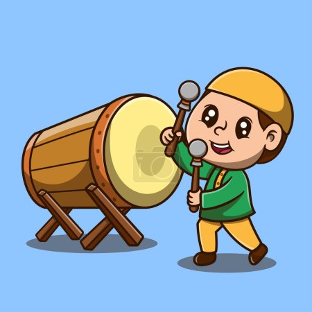 Vector cute boy playing drum bedug vector icon illustration. ramadan mascot cartoon character.