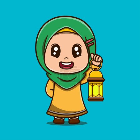 Vector cute girl holding lantern vector icon illustration. ramadan mascot cartoon character.