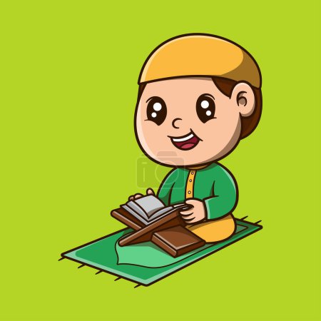 Vector cute boy holding Quran vector icon illustration. ramadan mascot cartoon character.