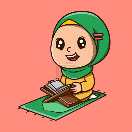 Vector cute girl holding Quran vector icon illustration. ramadan mascot cartoon character.