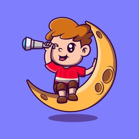 Cute a little boy sits on the moon cartoon illustration. Study icon concept. Flat cartoon style.