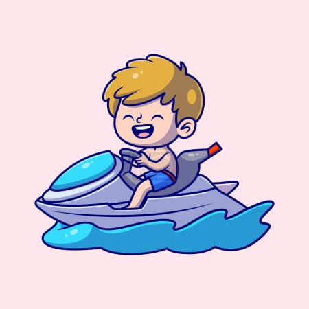Cute Boy Rid SpeedBoat ilustración de dibujos animados. Concepto de icono de verano. Estilo de dibujos animados plana
