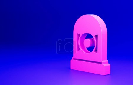 Téléchargez les photos : Sonnerie rose icône de cloche d'alarme isolé sur fond bleu. Symbole d'alarme, cloche de service, panneau de cloche, symbole de notification. Concept de minimalisme. Illustration de rendu 3D. - en image libre de droit