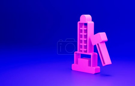 Photo for Pink High striker attraction with big hammer icon isolated on blue background. Attraction for measuring strength. Amusement park. Minimalism concept. 3D render illustration. - Royalty Free Image