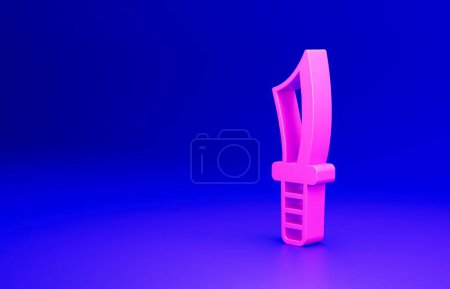 Téléchargez les photos : Icône de couteau militaire rose isolé sur fond bleu. Concept de minimalisme. Illustration de rendu 3D. - en image libre de droit