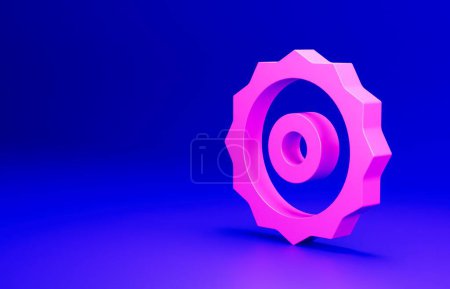 Téléchargez les photos : Icône de lame de scie circulaire rose isolé sur fond bleu. Roue de scie. Concept de minimalisme. Illustration de rendu 3D. - en image libre de droit
