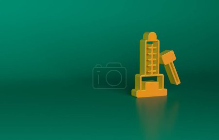 Photo for Orange High striker attraction with big hammer icon isolated on green background. Attraction for measuring strength. Amusement park. Minimalism concept. 3D render illustration. - Royalty Free Image