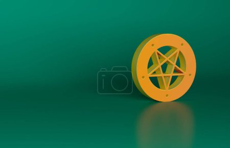 Téléchargez les photos : Pentagramme orange dans une icône circulaire isolée sur fond vert. Symbole magique d'étoile occulte. Concept de minimalisme. Illustration de rendu 3D. - en image libre de droit