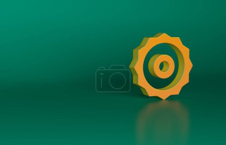 Téléchargez les photos : Icône de lame de scie circulaire orange isolée sur fond vert. Roue de scie. Concept de minimalisme. Illustration de rendu 3D. - en image libre de droit