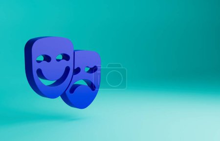 Foto de Comedia azul y tragedia máscaras teatrales icono aislado sobre fondo azul. Concepto minimalista. Ilustración de representación 3D. - Imagen libre de derechos