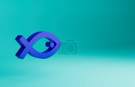 Foto de Icono símbolo de pez azul cristiano aislado sobre fondo azul. Jesús pez símbolo. Concepto minimalista. Ilustración de representación 3D. - Imagen libre de derechos