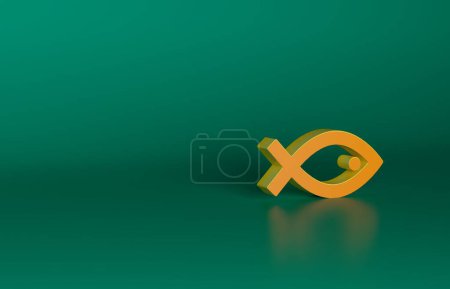 Foto de Icono de símbolo de pez cristiano naranja aislado sobre fondo verde. Jesús pez símbolo. Concepto minimalista. Ilustración de representación 3D. - Imagen libre de derechos