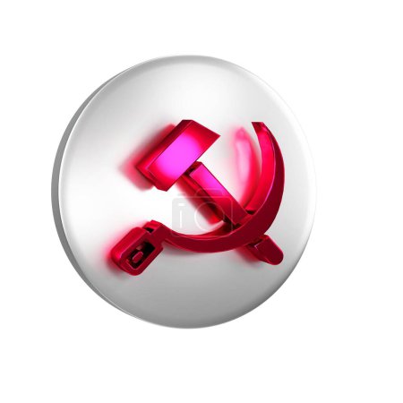 Téléchargez les photos : Marteau rouge et faucille icône de l'URSS isolé sur fond transparent. Symbole Union soviétique. Bouton cercle argent.. - en image libre de droit