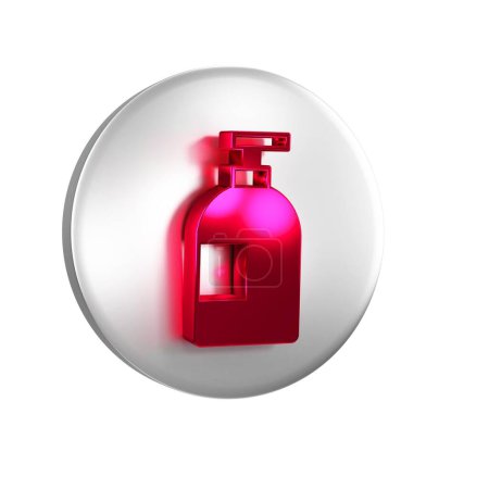 Foto de Icono de botella líquida lavavajillas rojo aislado sobre fondo transparente. Detergente líquido para lavar platos. Botón círculo de plata. - Imagen libre de derechos