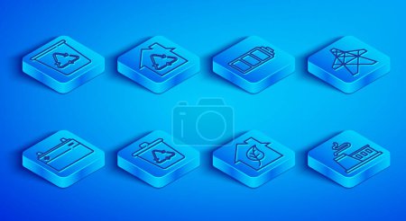 Illustration for Set line Recycle bin with recycle Eco House recycling Battery friendly house Electric tower Car battery and Factory icon. Vector. - Royalty Free Image