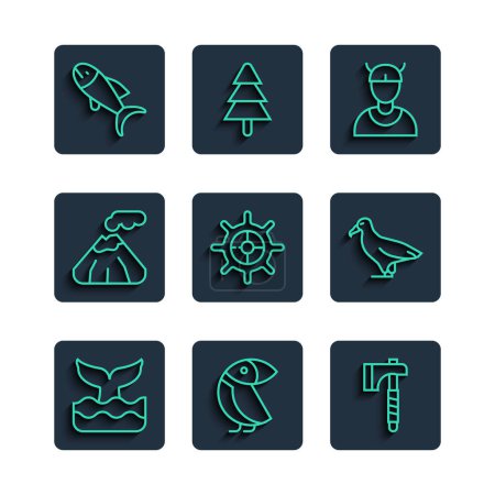 Illustration for Set line Whale tail Albatross Wooden axe Viking head Ship steering wheel Volcano Fish and icon. Vector. - Royalty Free Image