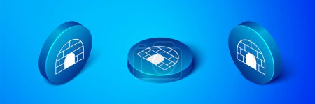 Illustration for Isometric Igloo ice house icon isolated on blue background. Snow home, Eskimo dome-shaped hut winter shelter, made of blocks. Blue circle button. Vector. - Royalty Free Image