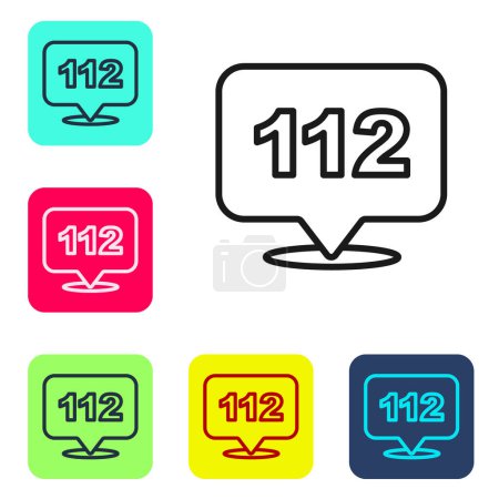 Illustration for Black line Telephone with emergency call 112 icon isolated on white background. Police, ambulance, fire department, call, phone. Set icons in color square buttons. Vector. - Royalty Free Image