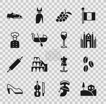 Illustration for Set Village landscape Coffee beans Milan Cathedral Grape fruit Gondola Italian cook Men shoes and Wine glass icon. Vector. - Royalty Free Image