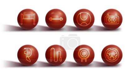 Illustration for Set line Volleyball net Fencing helmet mask Sport mechanical scoreboard Target sport Jump rope Barbell Steering wheel and Tennis icon. Vector. - Royalty Free Image