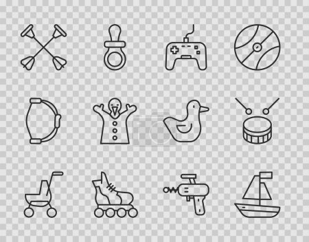 Illustration for Set line Baby stroller Toy boat Gamepad Roller skate Arrow with sucker tip puppet doll on hand Ray gun and Drum drum sticks icon. Vector. - Royalty Free Image