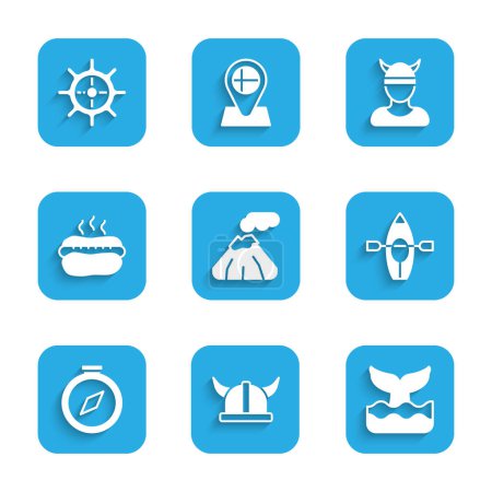 Illustration for Set Volcano, Viking in horned helmet, Whale tail, Kayak and paddle, Compass, Hotdog sandwich, head and Ship steering wheel icon. Vector - Royalty Free Image