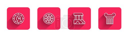 Téléchargez les illustrations : Set line Pièce de monnaie grecque antique, vieille roue en bois, Parthénon et colonne avec ombre longue. Bouton carré rouge. Vecteur - en licence libre de droit