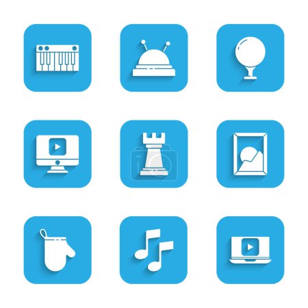 Téléchargez les illustrations : Set Business strategy Music note tone Online play video Picture landscape Oven glove Golf ball tee and synthesizer icon. Vector. - en licence libre de droit