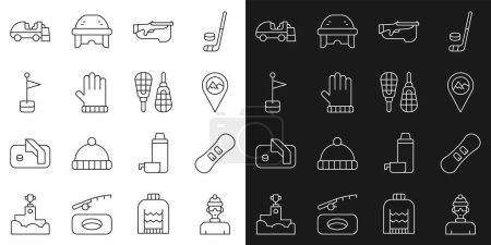 Illustration for Set line Winter athlete Snowboard Location with mountain Biathlon rifle Christmas mitten marker Ice resurfacer and Snowshoes icon. Vector. - Royalty Free Image