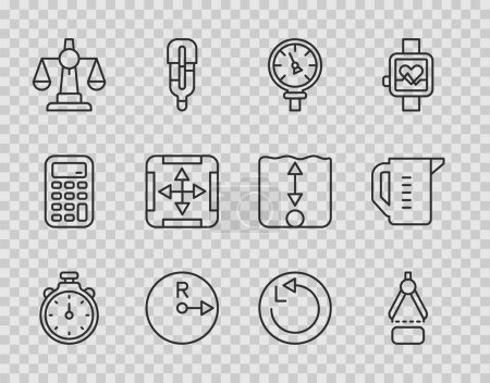 Set line Stopwatch Drawing compass Pressure water meter Radius Scales of justice Area measurement and Measuring cup icon. Vector.