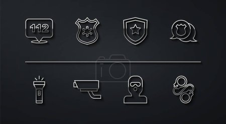 Illustration for Set line Telephone call 112 Flashlight Police badge Thief mask Security camera Handcuffs and icon. Vector. - Royalty Free Image
